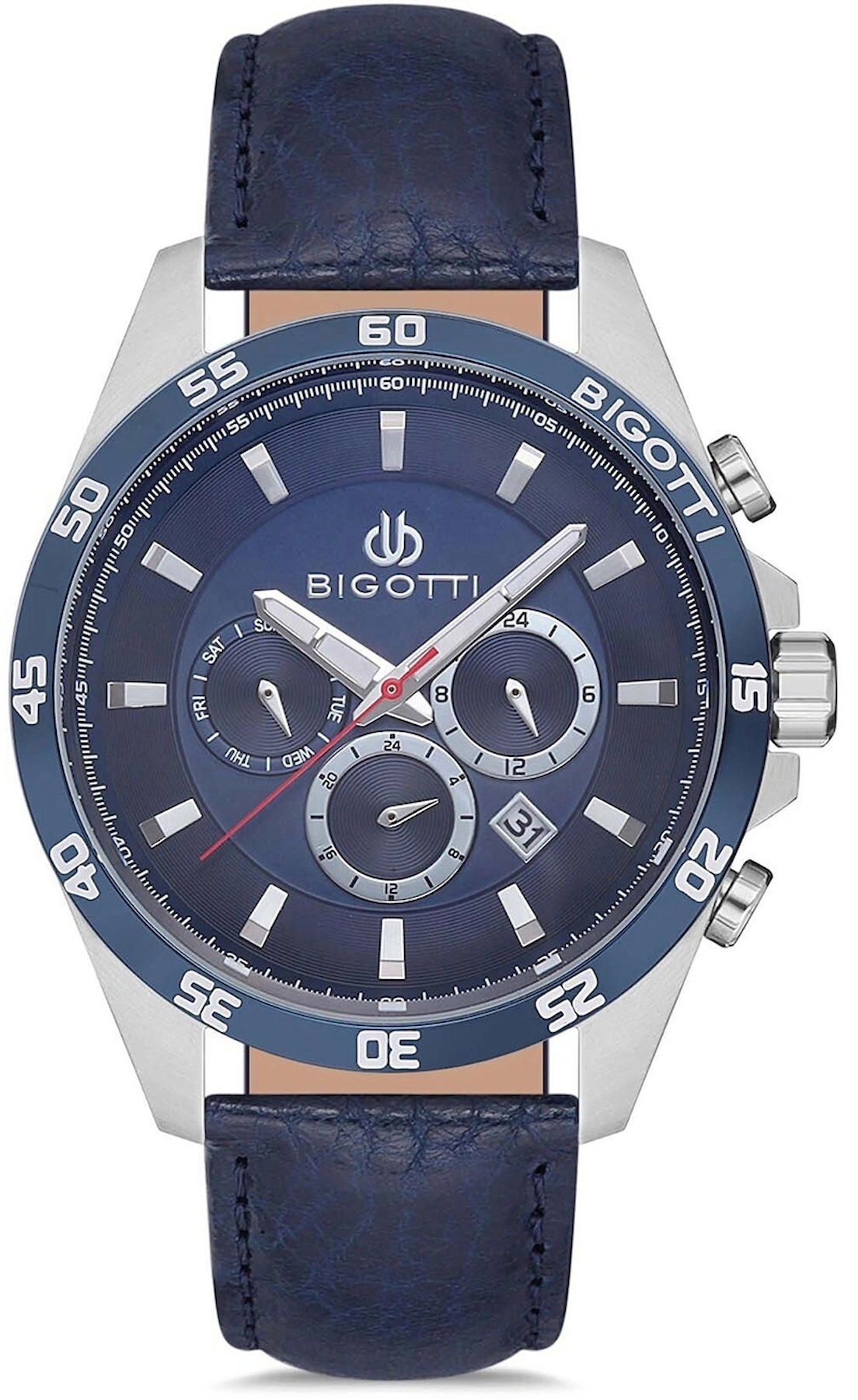Bigotti BG.1.10174.3 Takvimli 44 mm Lacivert Deri Kordon Analog Kol Saati