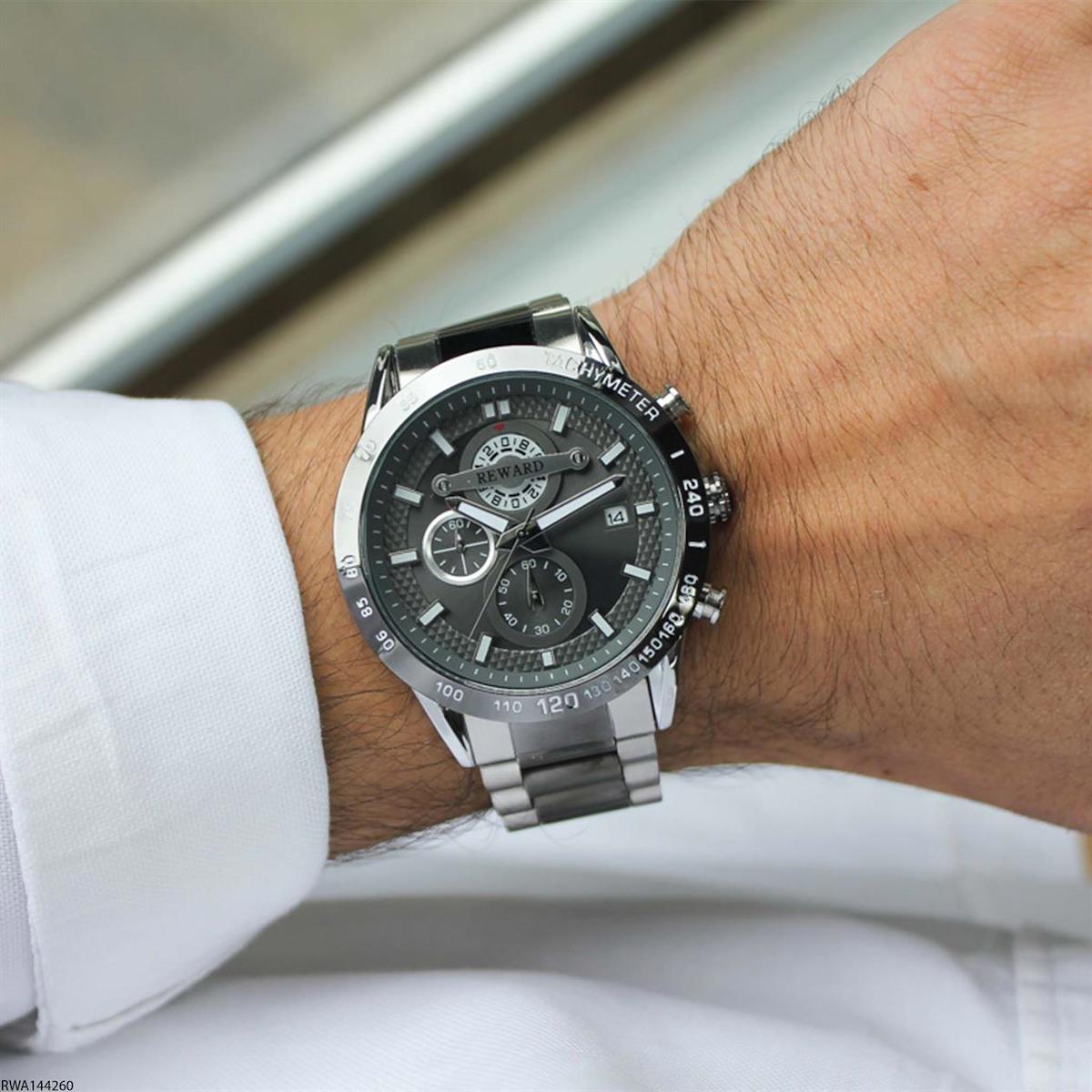 Reward RWA144260 Pusulalı Takvimli 45 mm Füme-Çelik Kordon Analog Erkek Kol Saati