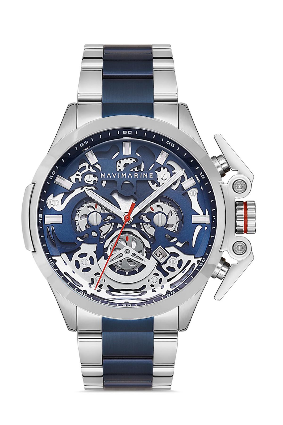 Navimarine NT0001-2 Takvimli Gri-Lacivert Çelik Kordon Analog Erkek Kol Saati
