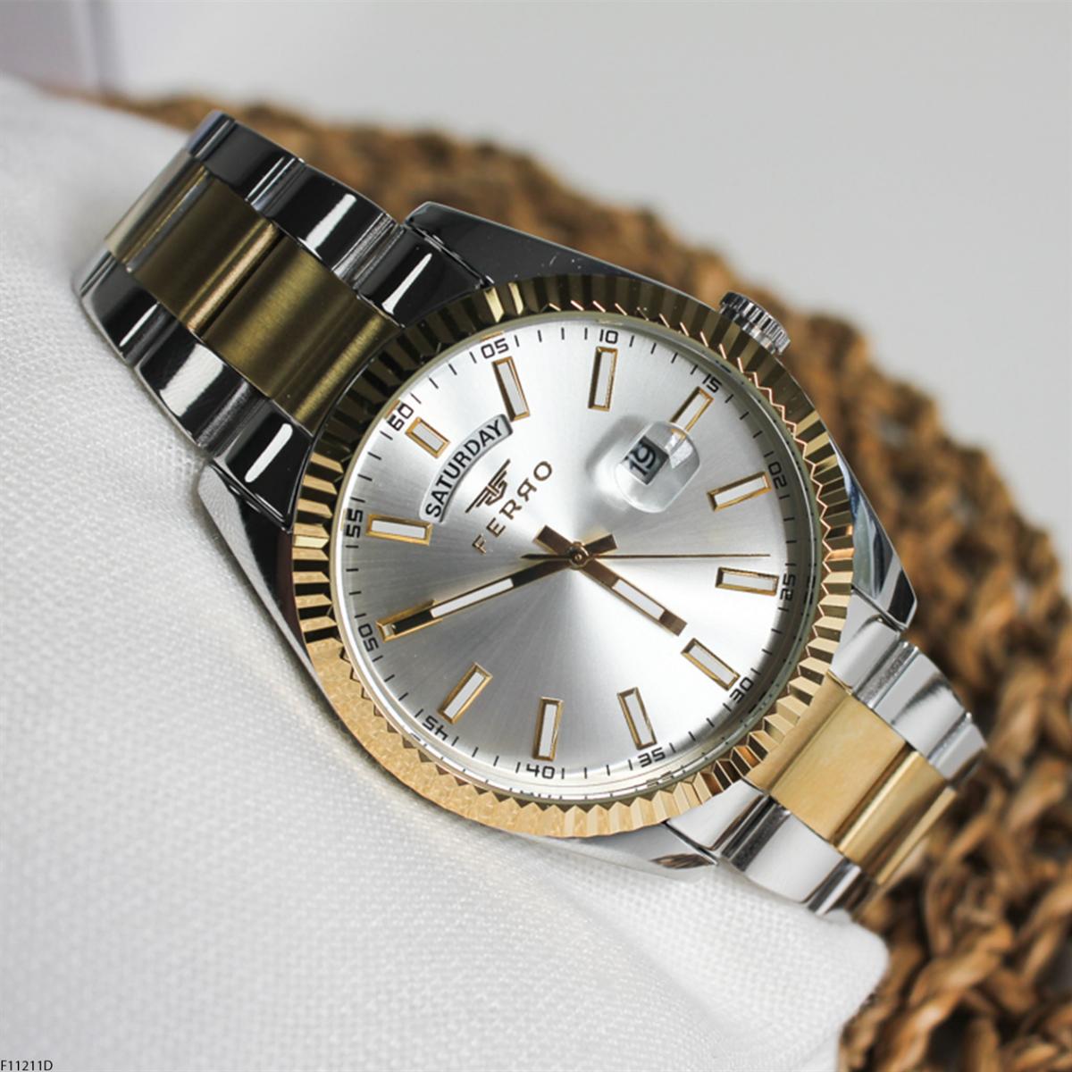 Ferro F11211D Takvimli 41 mm Altın-Çelik Kordon Analog Erkek Kol Saati
