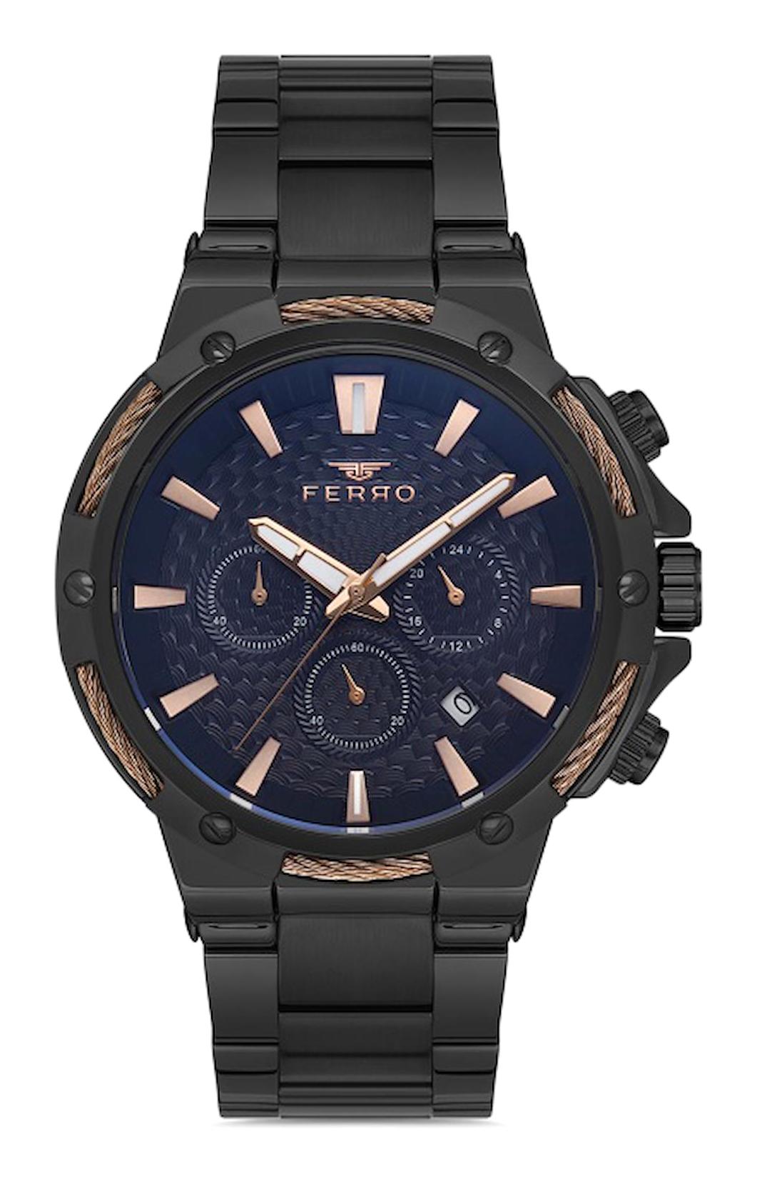 Ferro FM31168A-R Takvimli 45 mm Siyah Metal Kordon Analog Erkek Kol Saati