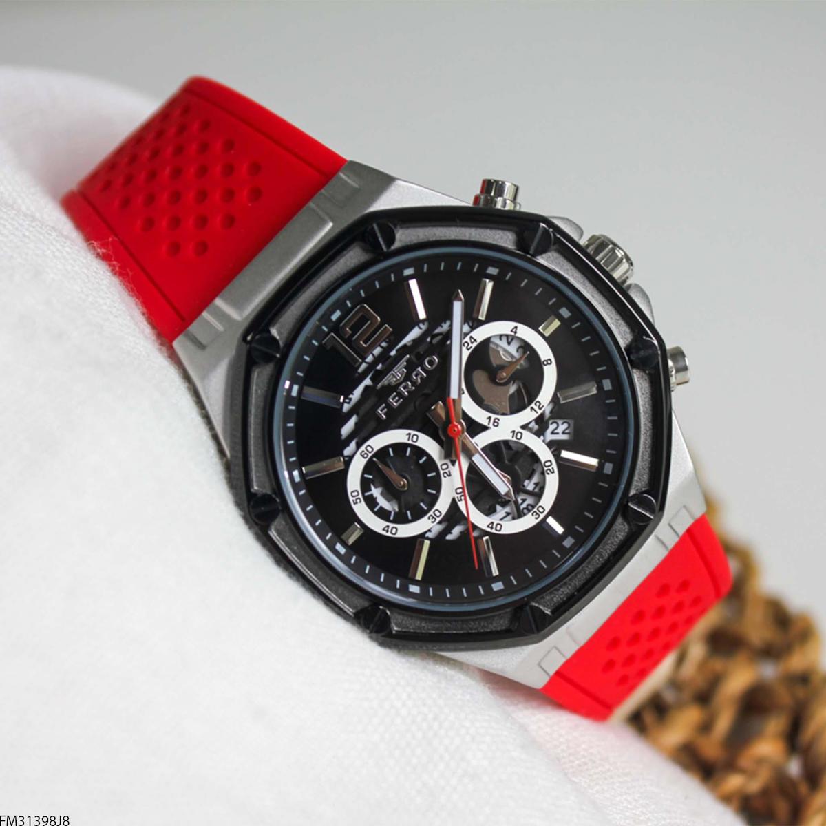 Ferro FM31398J8 Takvimli 45 mm Kırmızı Silikon Kordon Analog Erkek Kol Saati