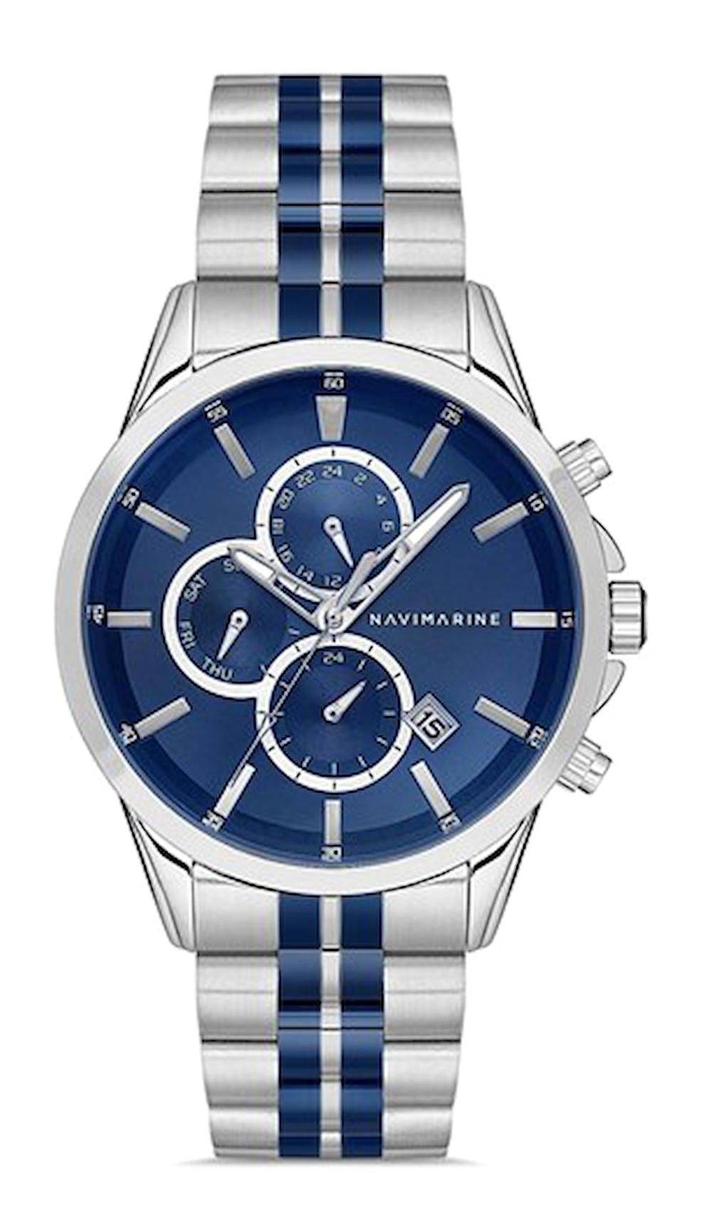 Navimarine SEE1001-1 Takvimli 44 mm Gri-Lacivert Çelik Kordon Analog Kol Saati