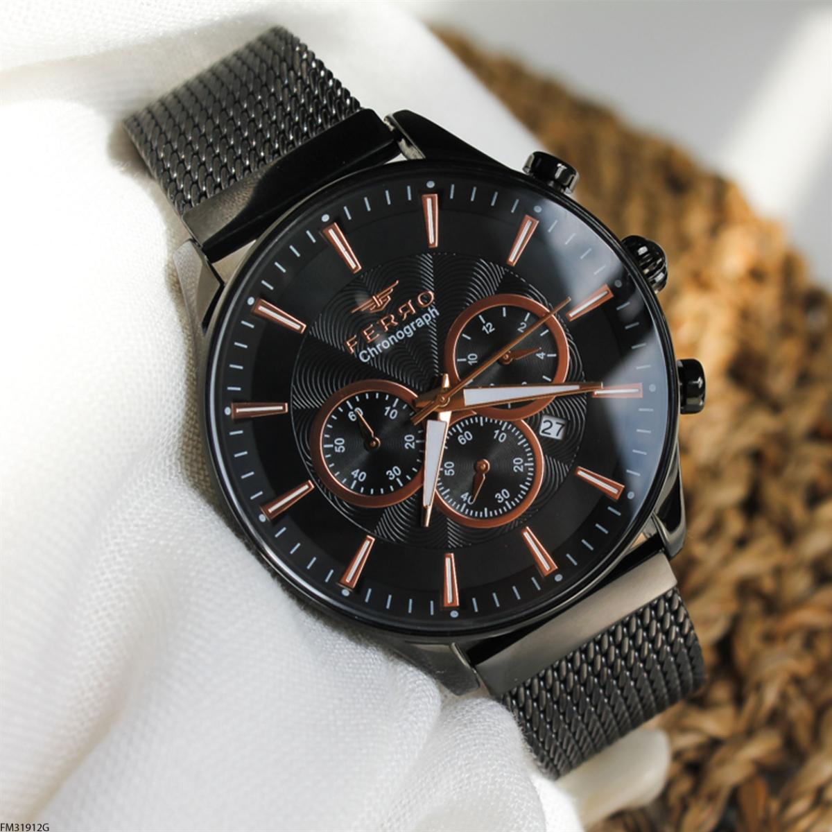 Ferro FM31912G Takvimli 45 mm Siyah Metal Kordon Analog Erkek Kol Saati