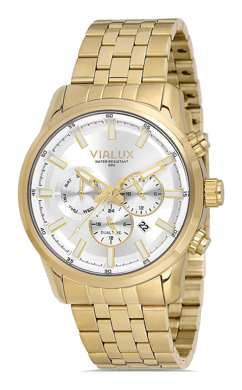 Vialux VX578G-02SG Takvimli 45 mm Altın Çelik Kordon Analog Erkek Kol Saati