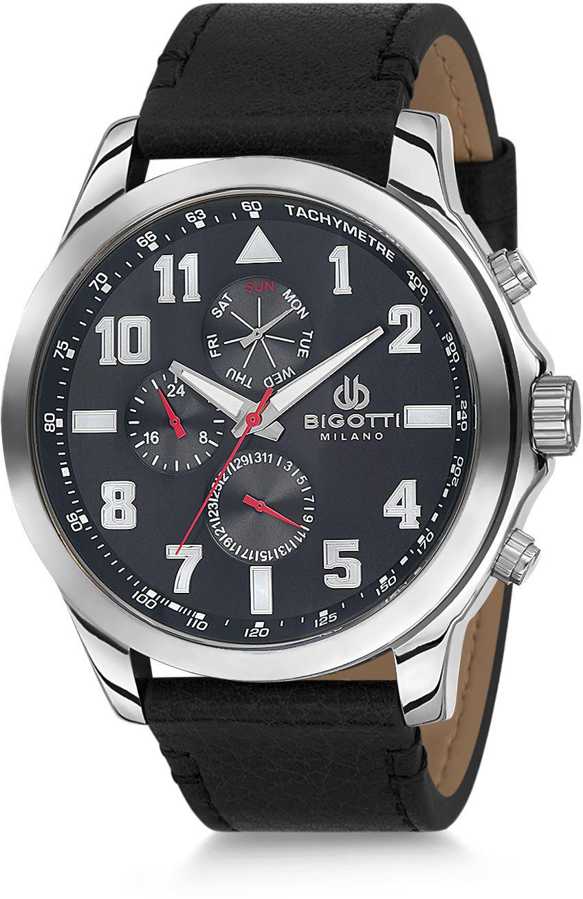 Bigotti BGT07262G-05 Takvimli 53 mm Siyah Deri Kordon Analog Kol Saati