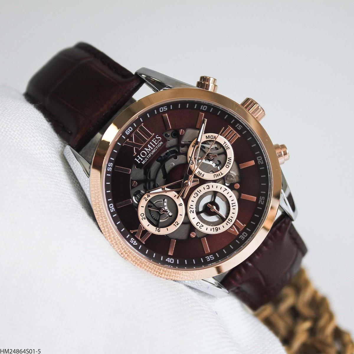 Homies HM24864S01-5 Pusulalı Takvimli 44 mm Kahverengi Deri Kordon Analog Erkek Kol Saati
