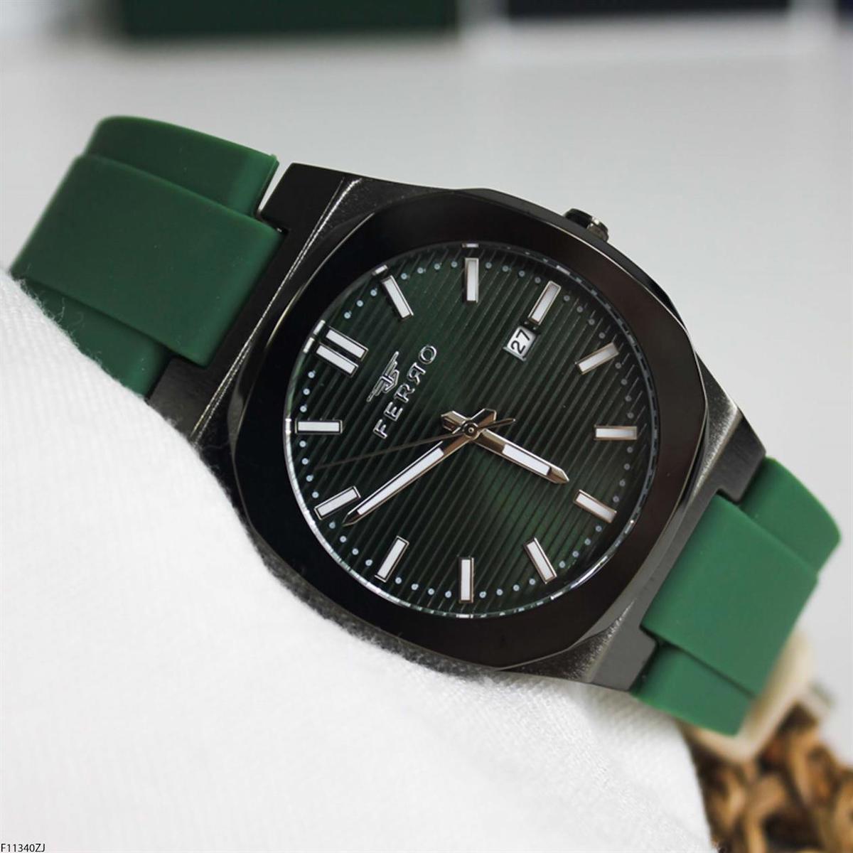 Ferro F11340ZJ Takvimli 41 mm Yeşil Silikon Kordon Analog Erkek Kol Saati