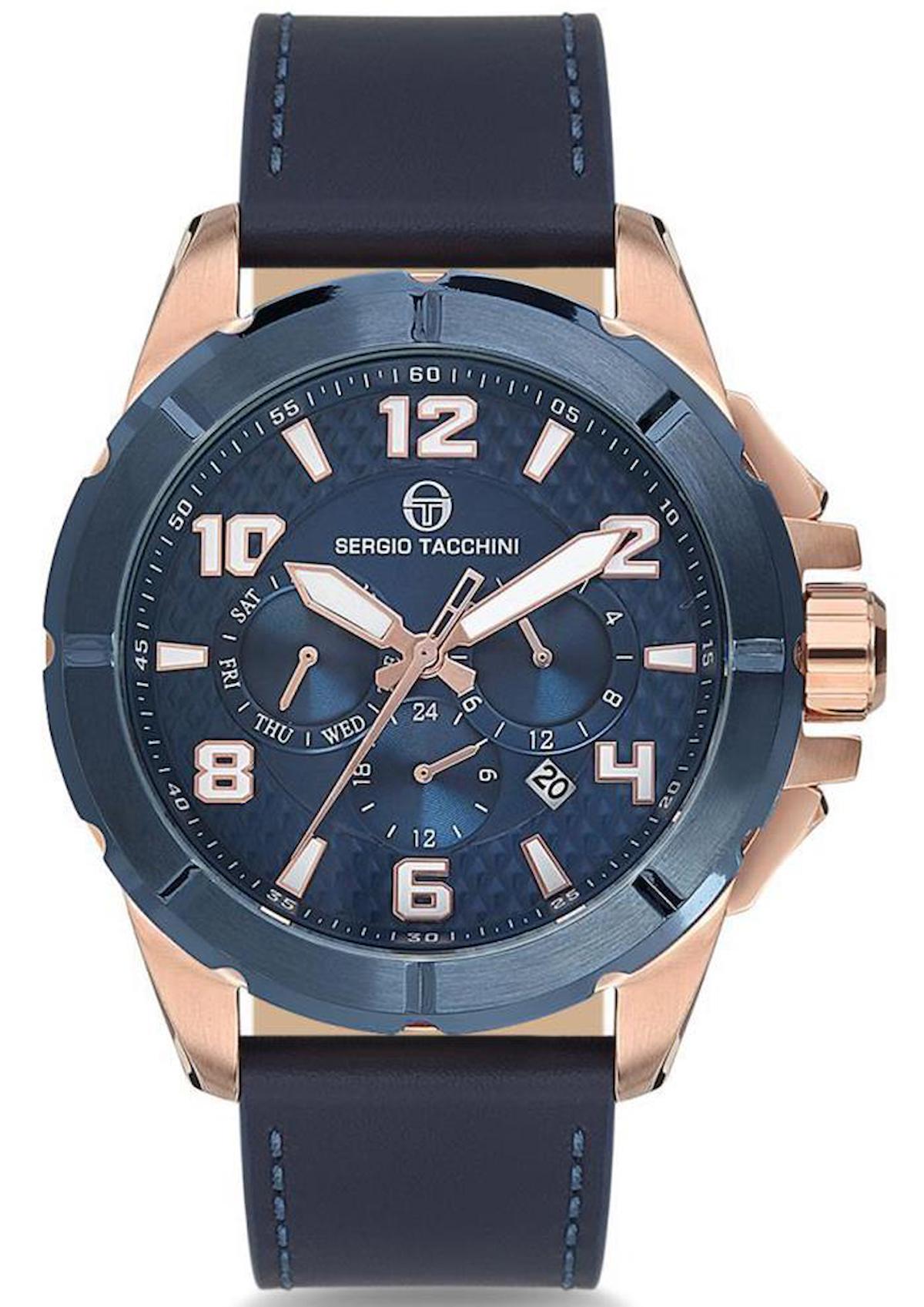 Sergio Tacchini ST.11.104.06 Takvimli Lacivert Deri Kordon Analog Erkek Kol Saati