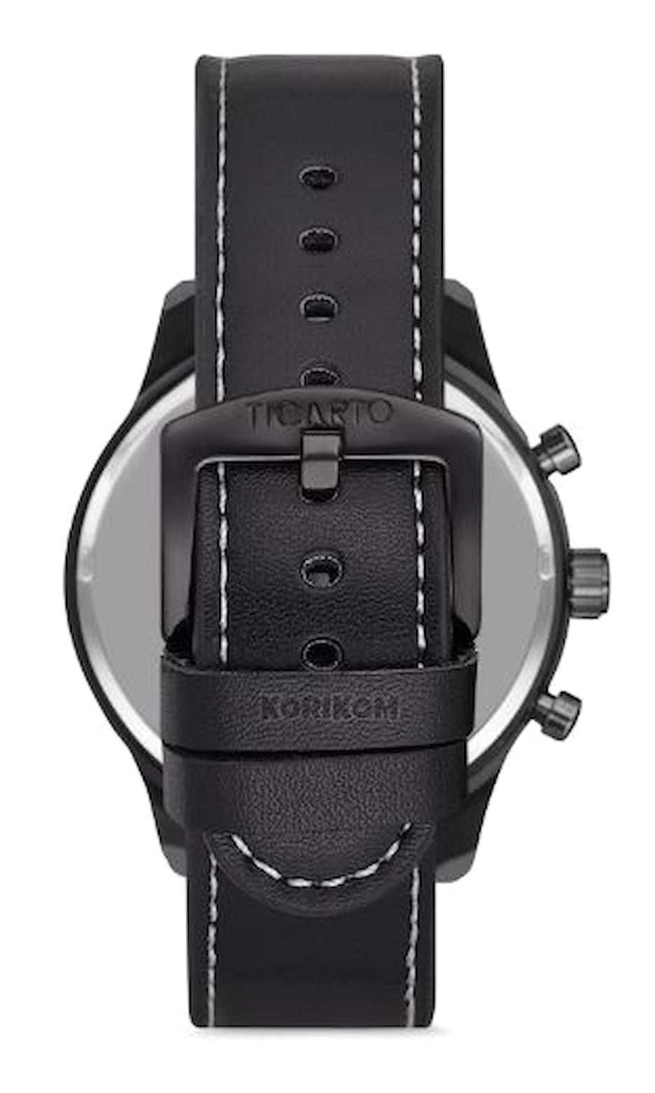 Korikom T3027A3 Takvimli 50 mm Siyah Deri Kordon Analog Erkek Kol Saati
