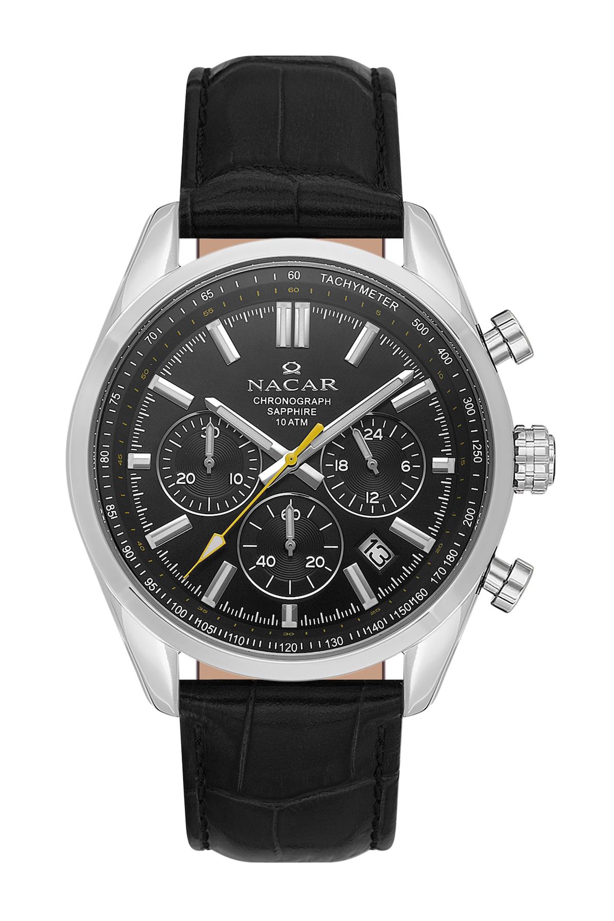 Nacar 34290713ABL1 Takvimli 44 mm Siyah Çelik Kordon Analog Kol Saati