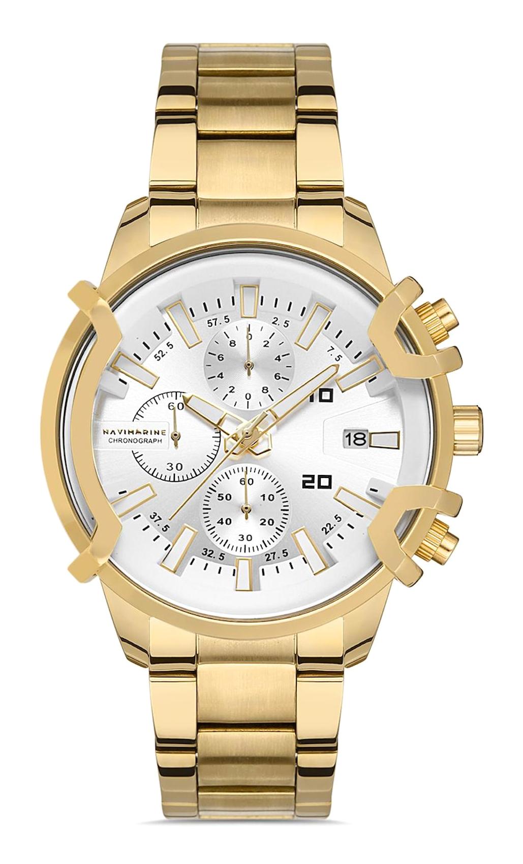 Navimarine NM102-02 Takvimli 42 mm Altın Çelik Kordon Analog Erkek Kol Saati
