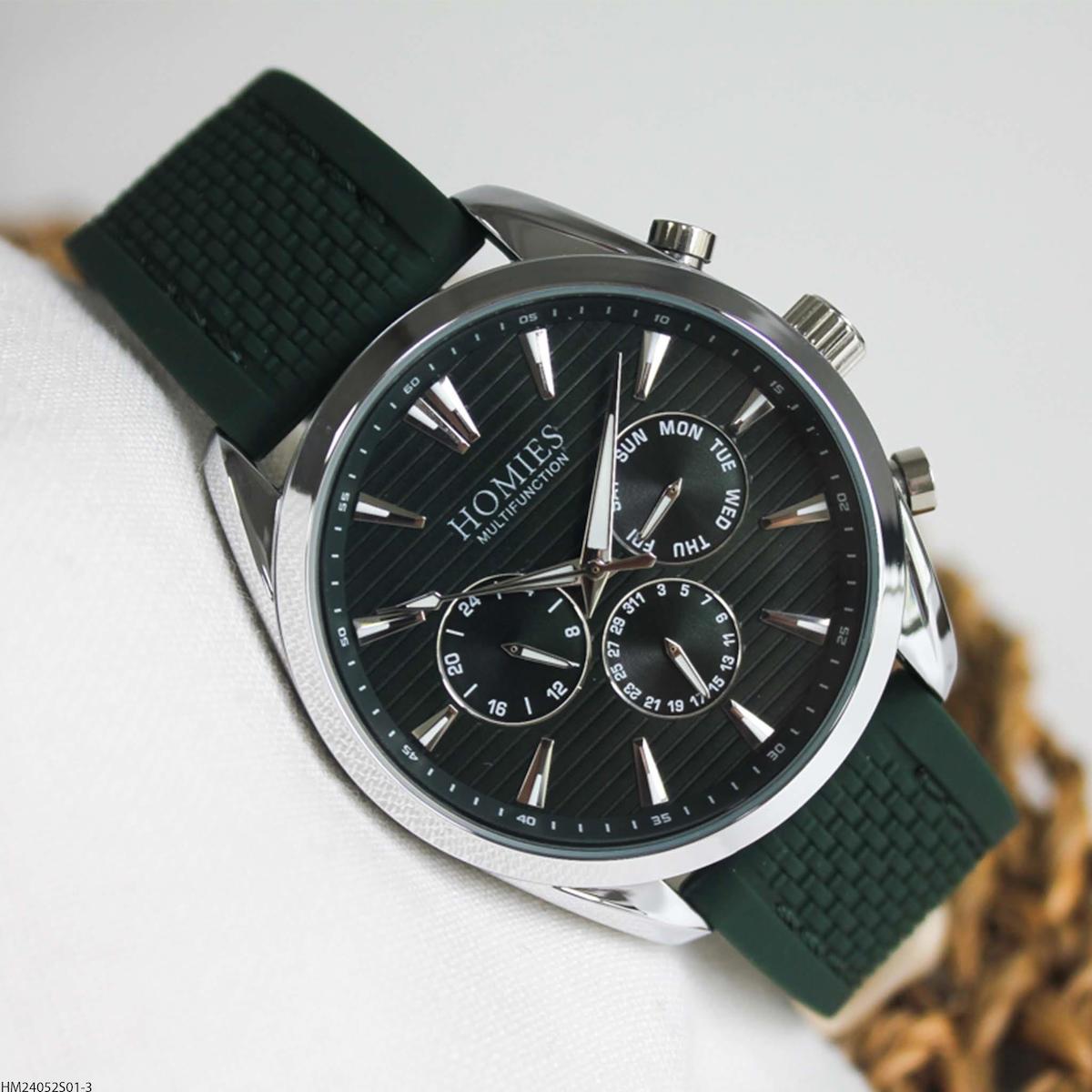 Homies HM24052S01-3 Pusulalı Takvimli Yeşil Silikon Kordon Analog Erkek Kol Saati