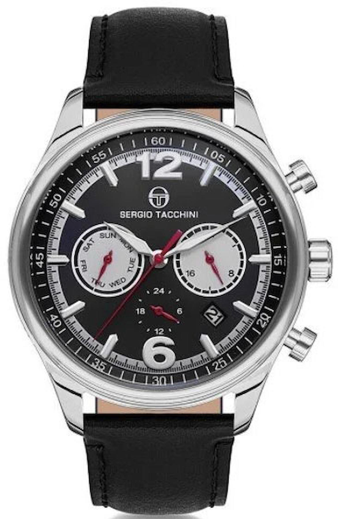 Sergio Tacchini ST.2.118.01A Takvimli 44 mm Siyah Deri Kordon Analog Kol Saati