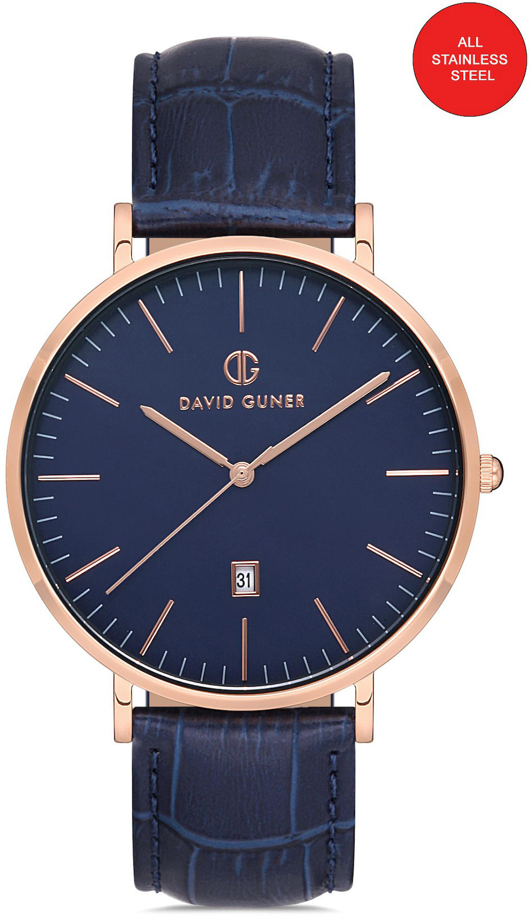 David Guner DG-8074GB-T3 Takvimli 42 mm Lacivert Deri Kordon Analog Kol Saati