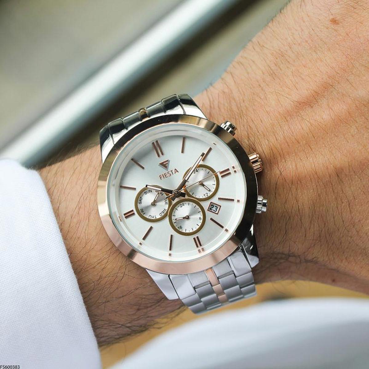 Fiesta FS600383 Takvimli 44 mm Gri-Rose Gold Çelik Kordon Analog Erkek Kol Saati