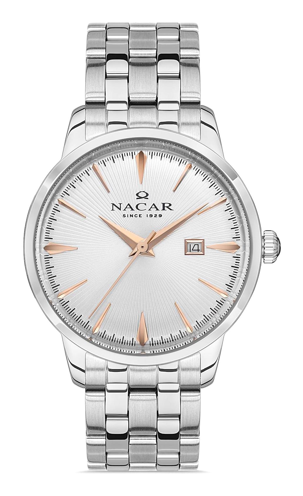 Nacar 21296986ASRM Takvimli 44 mm Çelik Kordon Analog Kol Saati