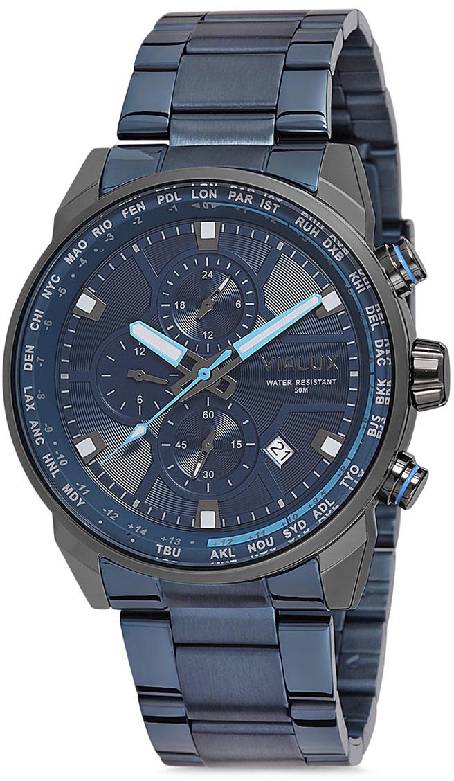 Vialux VX561N-11SN Takvimli 44 mm Lacivert Çelik Kordon Analog Kol Saati
