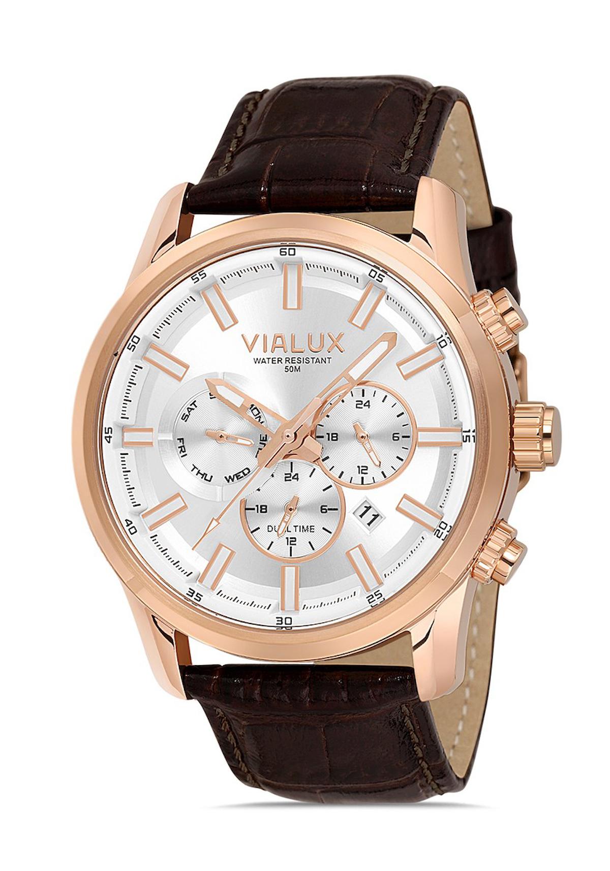 Vialux VX577R-02KR Takvimli 45 mm Kahverengi Deri Kordon Analog Erkek Kol Saati