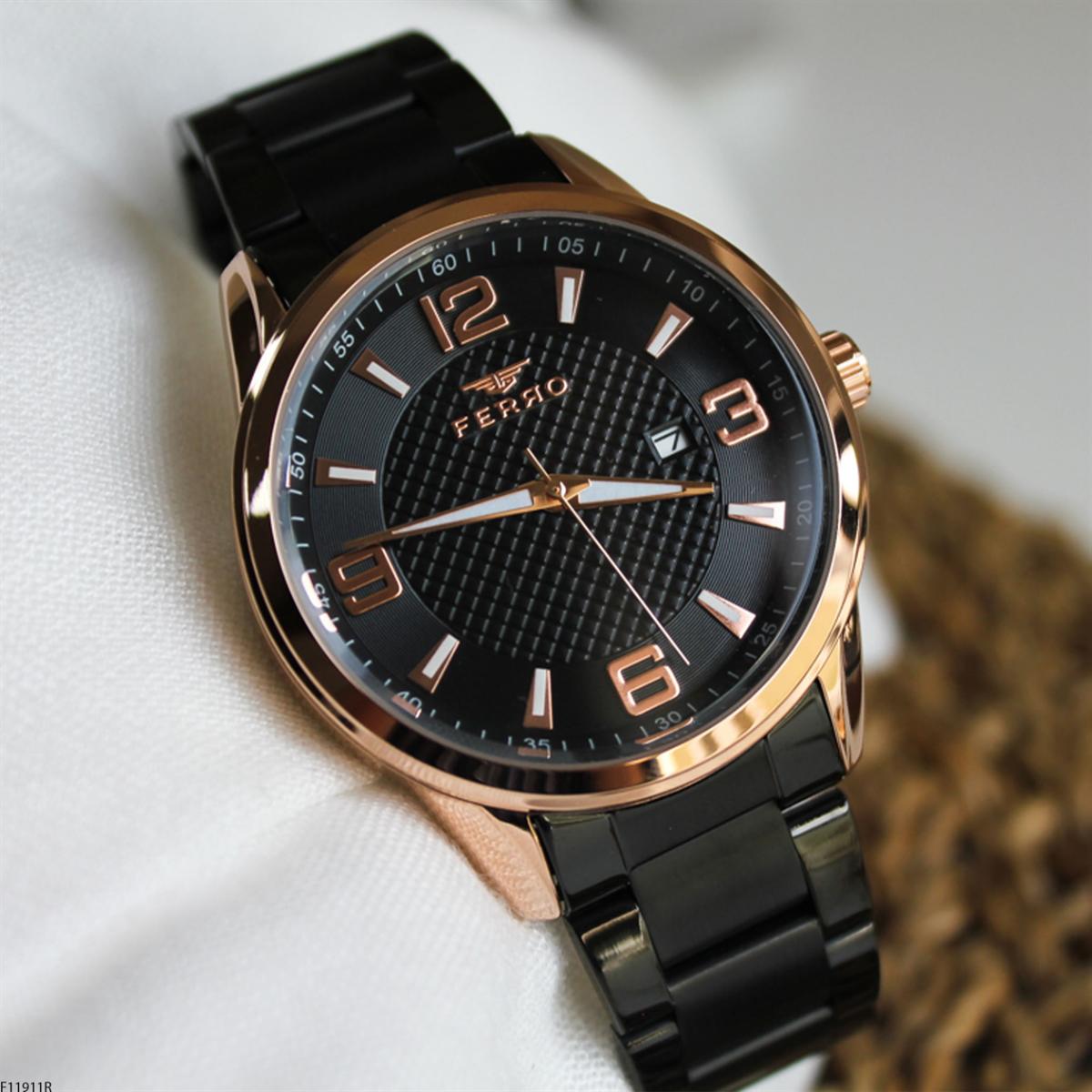 Ferro F11911R Takvimli 44 mm Siyah Metal Kordon Analog Erkek Kol Saati