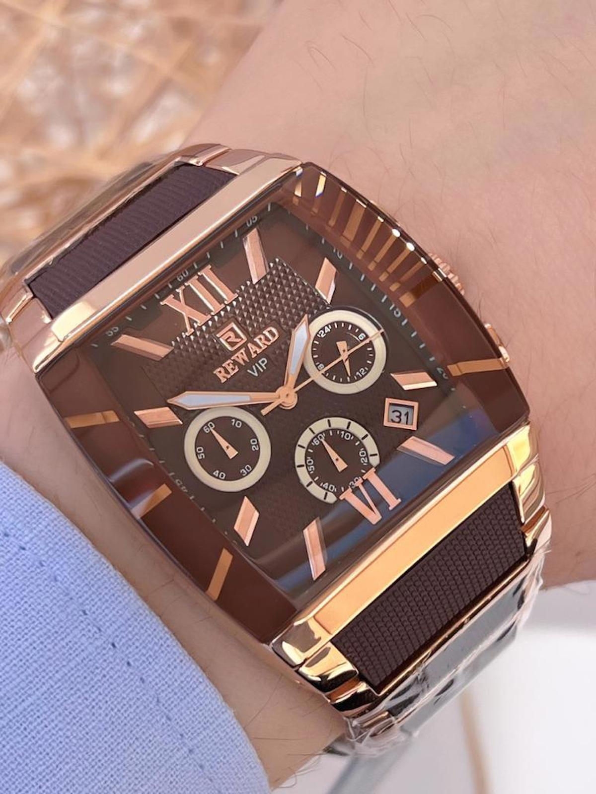 Reward A141132 Takvimli 46 mm Kahverengi-Rose Gold Deri Kordon Analog Erkek Kol Saati