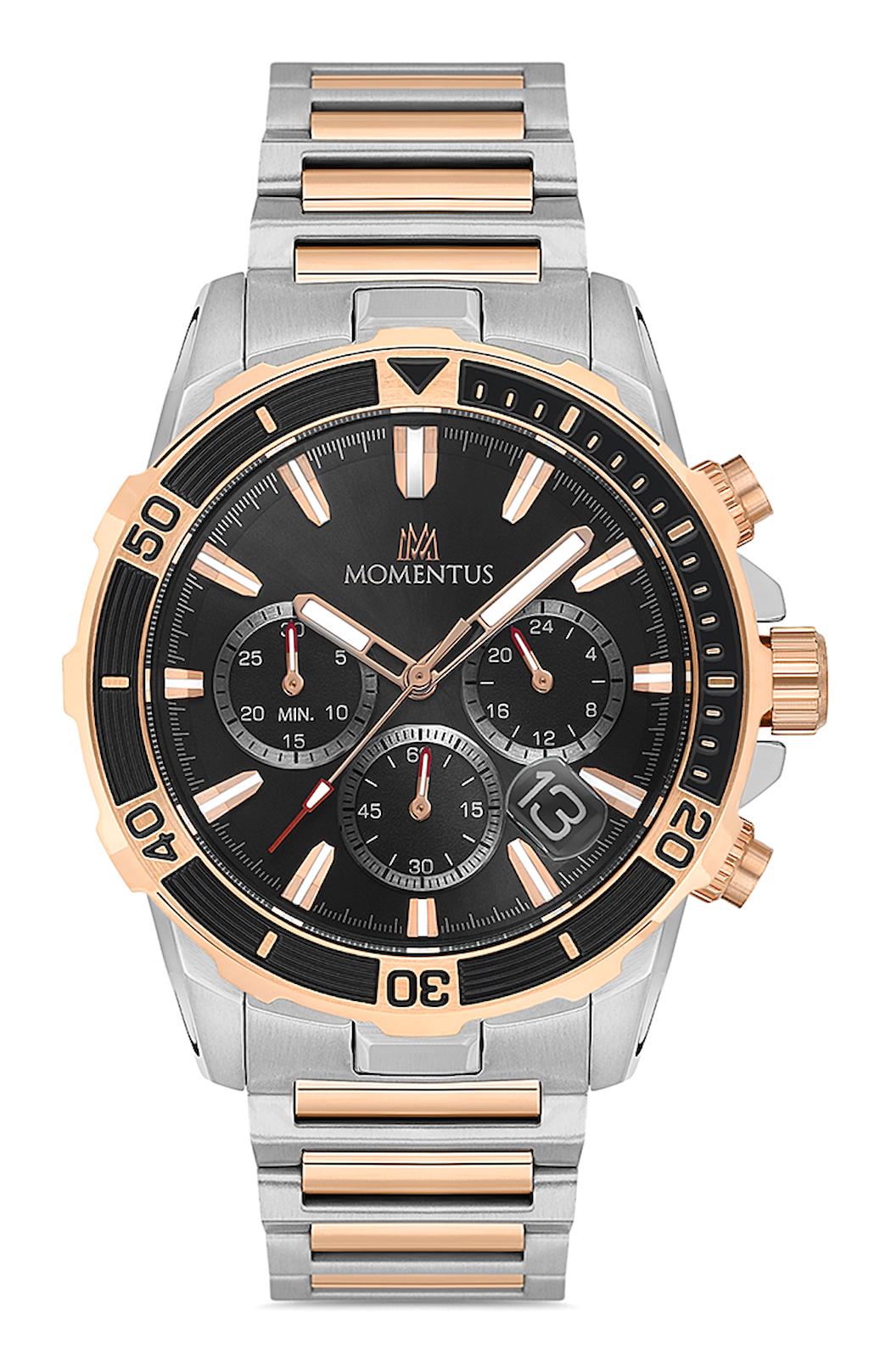 Momentus SM357T-04SR Takvimli 45 mm Gri-Rose Gold Çelik Kordon Analog Erkek Kol Saati