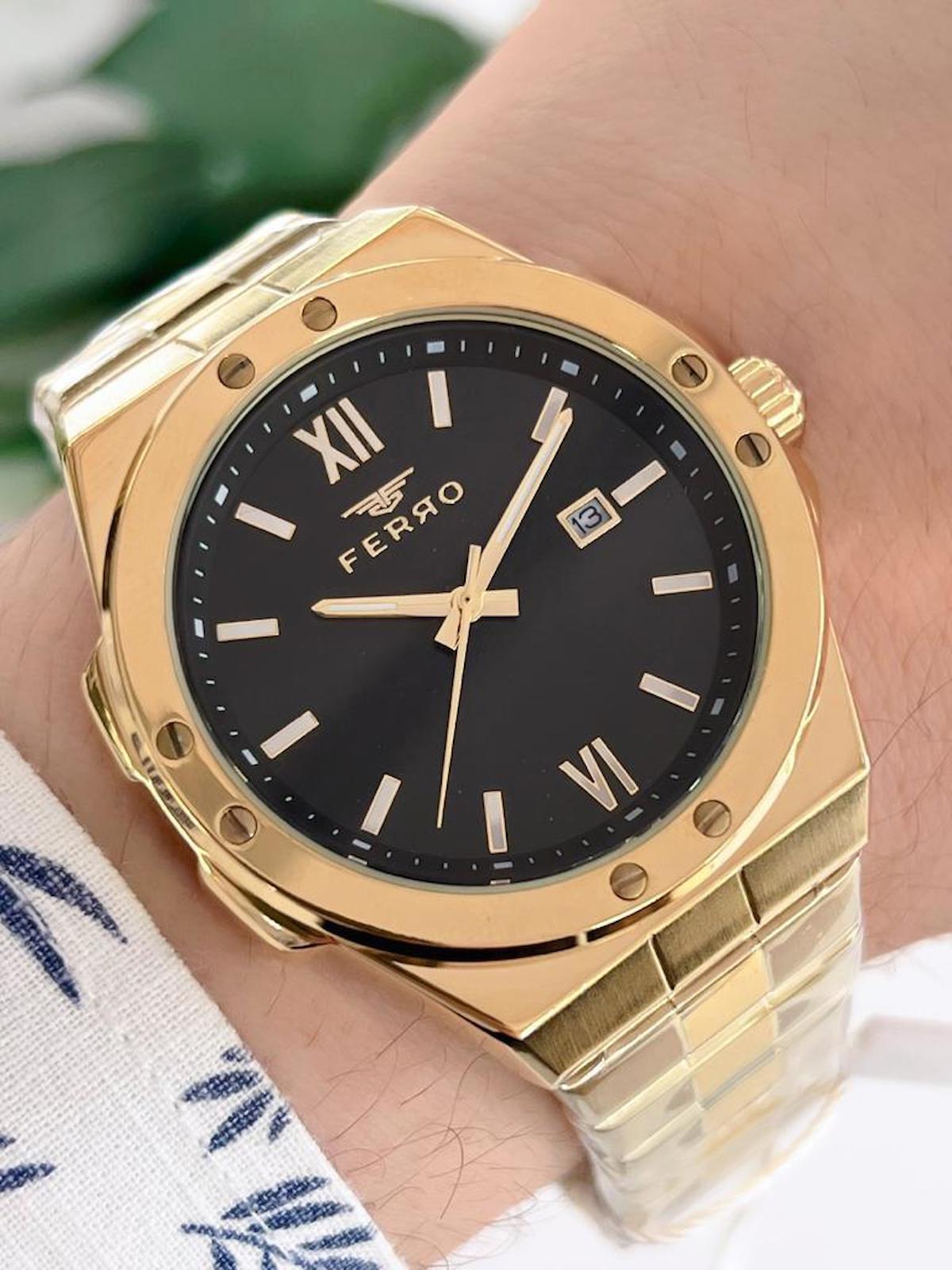 Ferro BLKT.X31 Takvimli Altın Çelik Kordon Analog Erkek Kol Saati