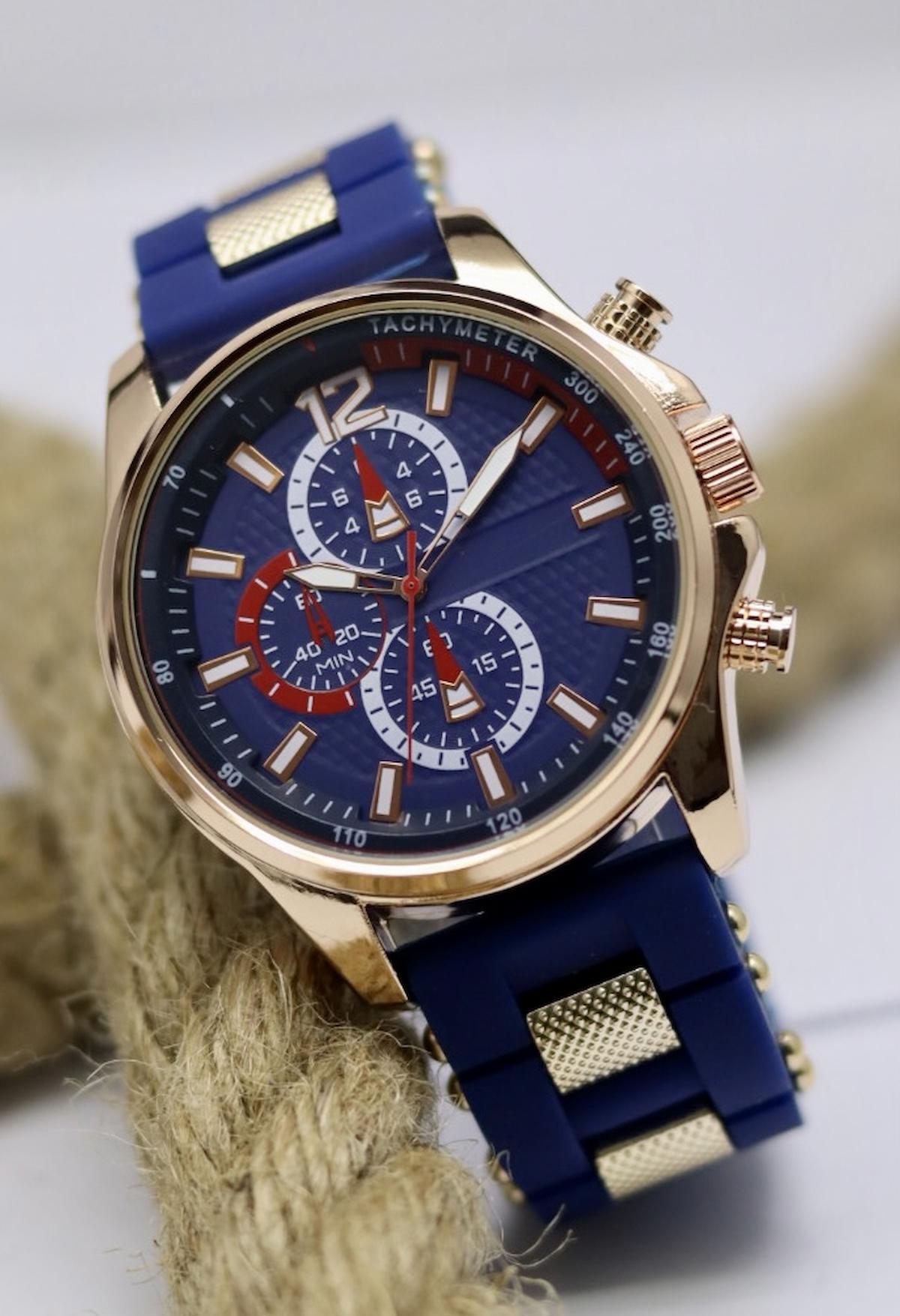 Şahmat MAT-240 44 mm Altın-Mavi Silikon Kordon Analog Erkek Kol Saati