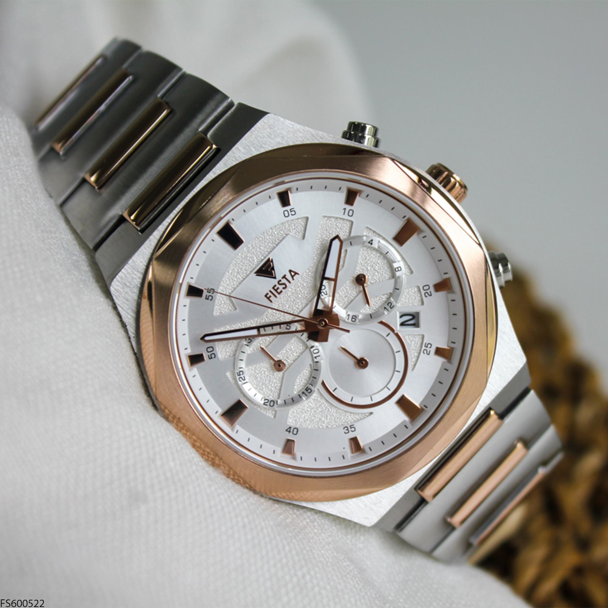 Fiesta FS600522 Takvimli 45 mm Gri-Rose Gold Çelik Kordon Analog Erkek Kol Saati