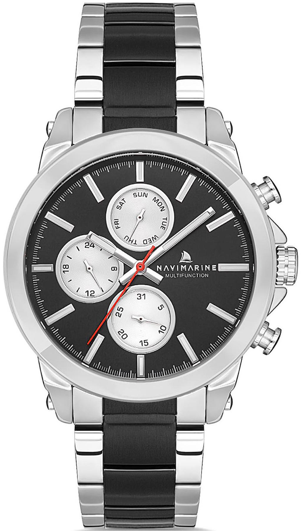 Navimarine NM099-03 Takvimli 44 mm Gri-Siyah Çelik Kordon Analog Kol Saati