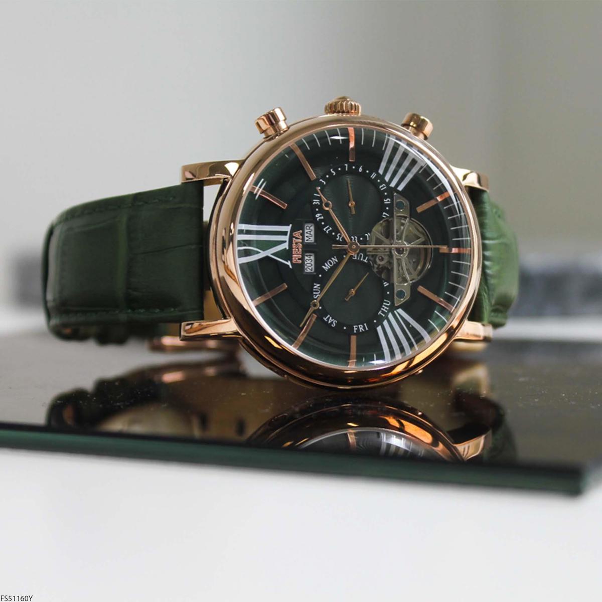 Fiesta FS51160Y Takvimli 45 mm Yeşil Deri Kordon Analog Erkek Kol Saati