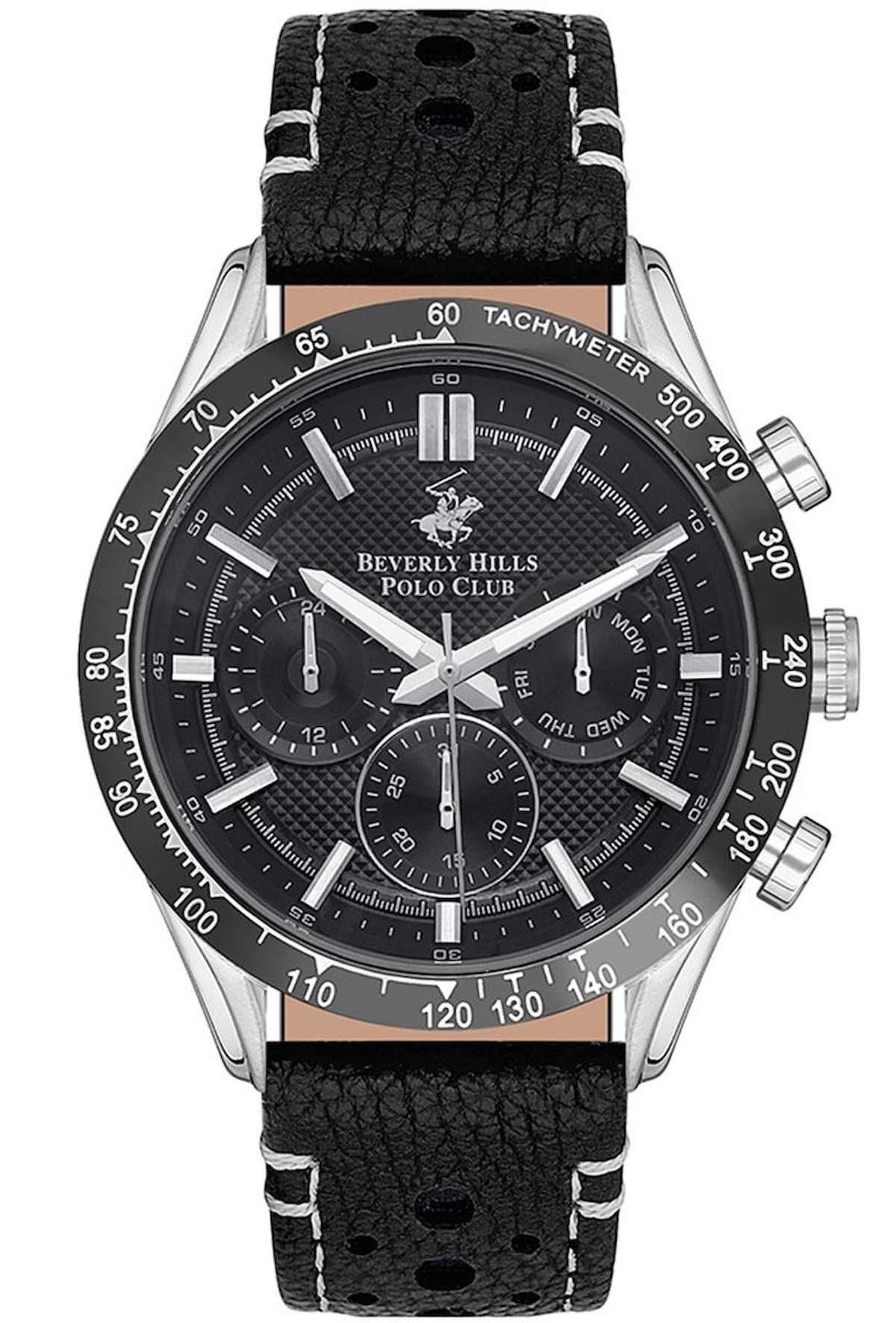 Beverly Hills Polo Club BP3317X651 Takvimli 45 mm Siyah Deri Kordon Analog Erkek Kol Saati