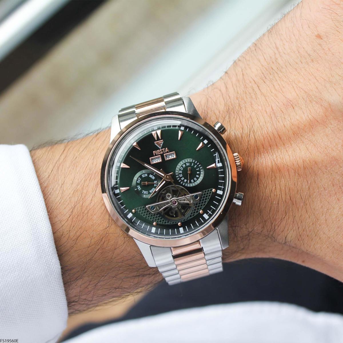 Fiesta FS19560E Takvimli 45 mm Gri-Rose Gold Çelik Kordon Analog Erkek Kol Saati