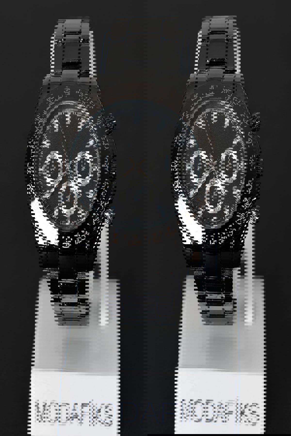 Modafiks Swiss Made Takvimli 44 mm Siyah Çelik Kordon Analog Erkek Kol Saati