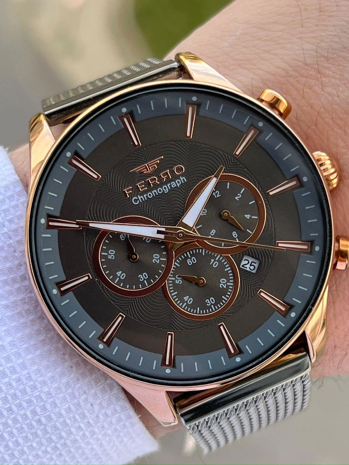 Ferro ETM31912 Su Geçirmez Pusulalı Takvimli 44 mm Altın-Çelik Kordon Analog Erkek Kol Saati