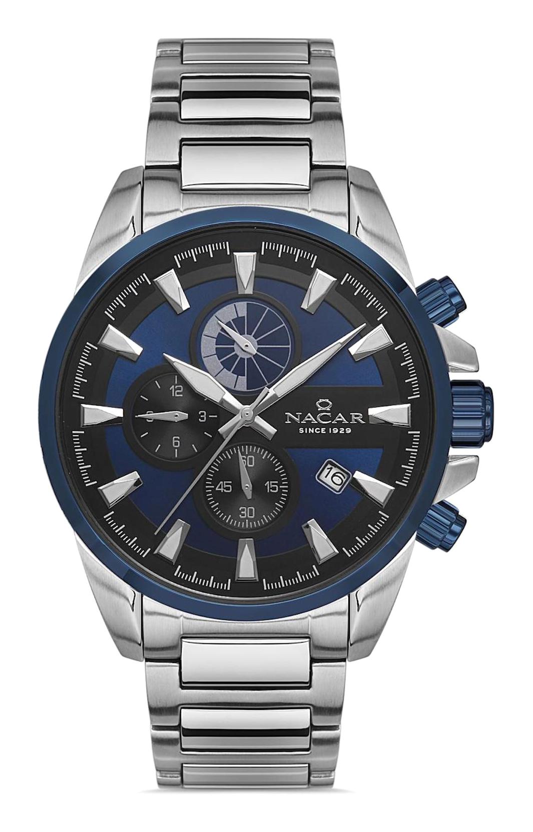Nacar 34291169ALM Takvimli 44 mm Çelik Kordon Analog Kol Saati