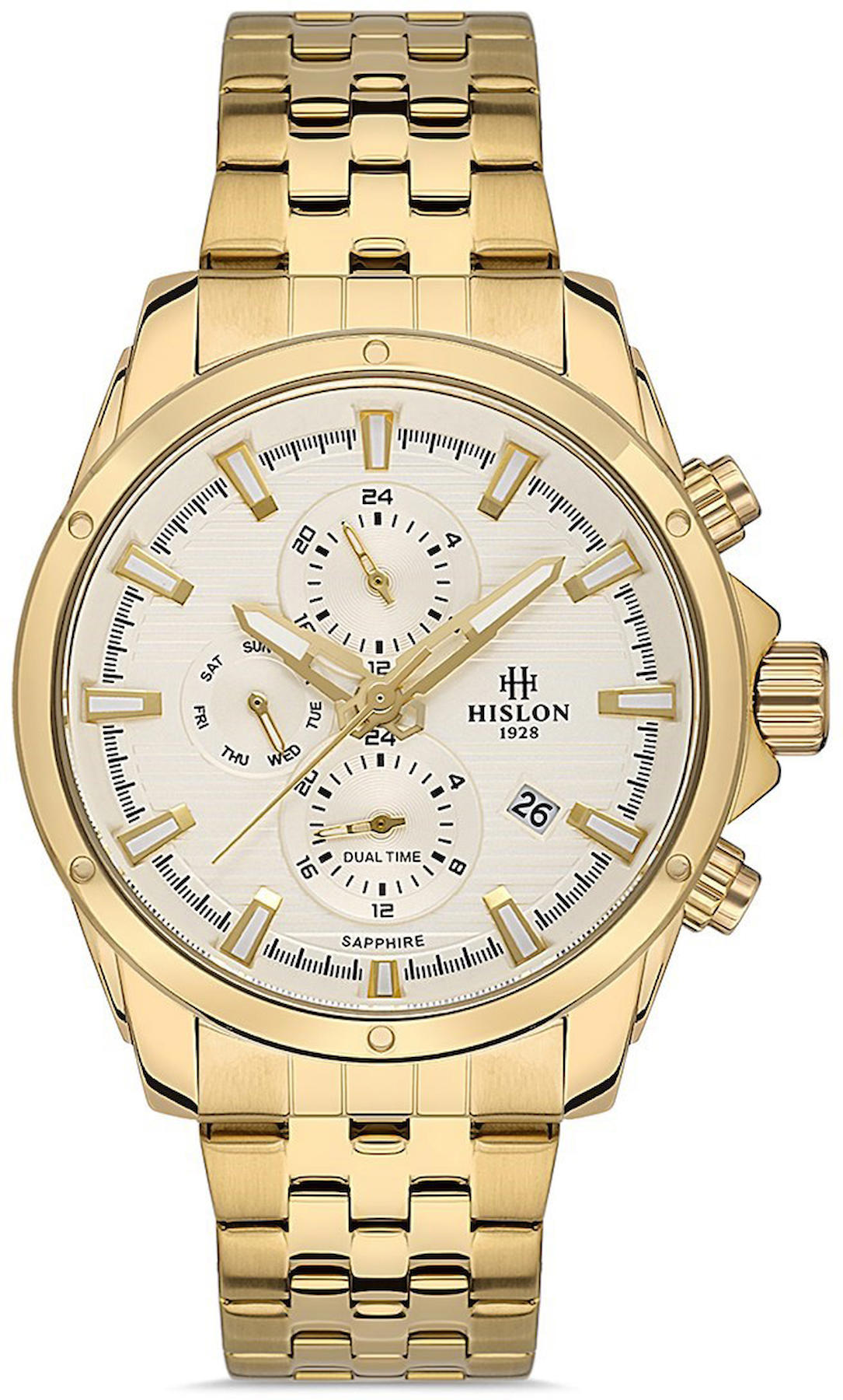 Hislon DT132G-08SG Pusulalı Takvimli 44 mm Altın Çelik Kordon Analog Kol Saati