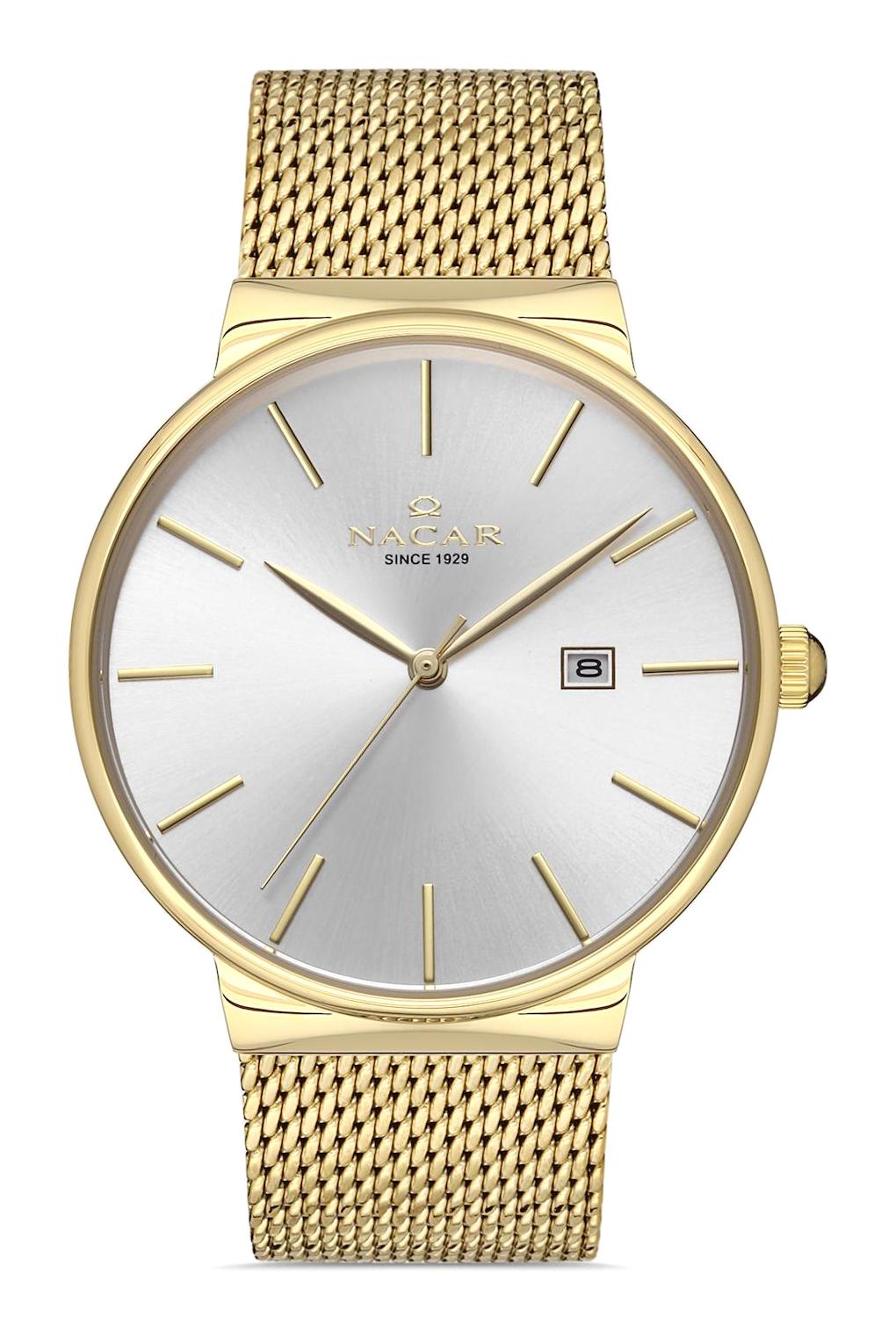 Nacar 34290431DSCM Takvimli 44 mm Altın Çelik Kordon Analog Kol Saati