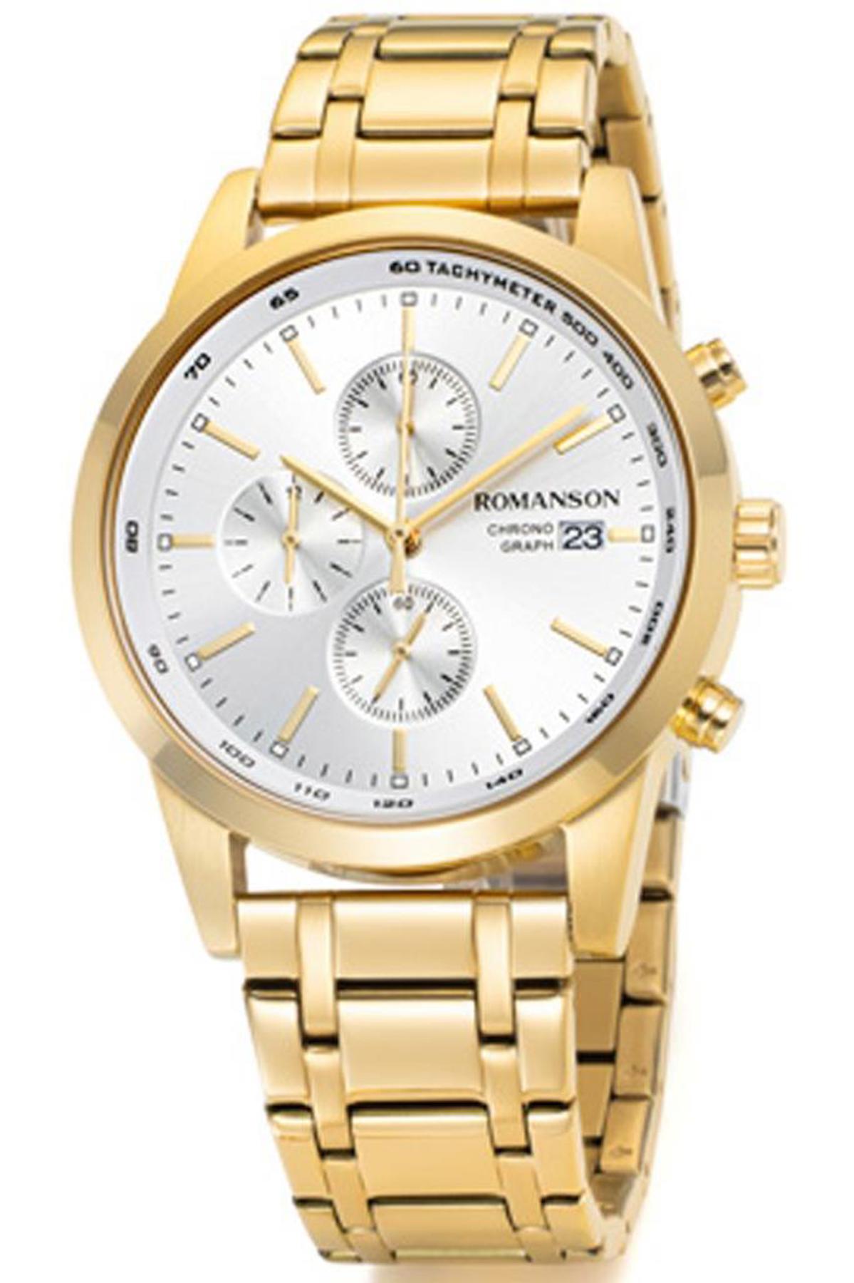 Romanson TM1B22HMGGAS1G Takvimli 44 mm Altın Çelik Kordon Analog Erkek Kol Saati