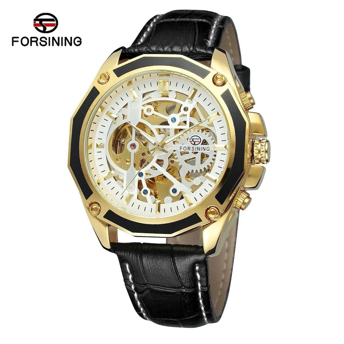 Forsining FRSNG04 45 mm Siyah Deri Kordon Analog Erkek Kol Saati