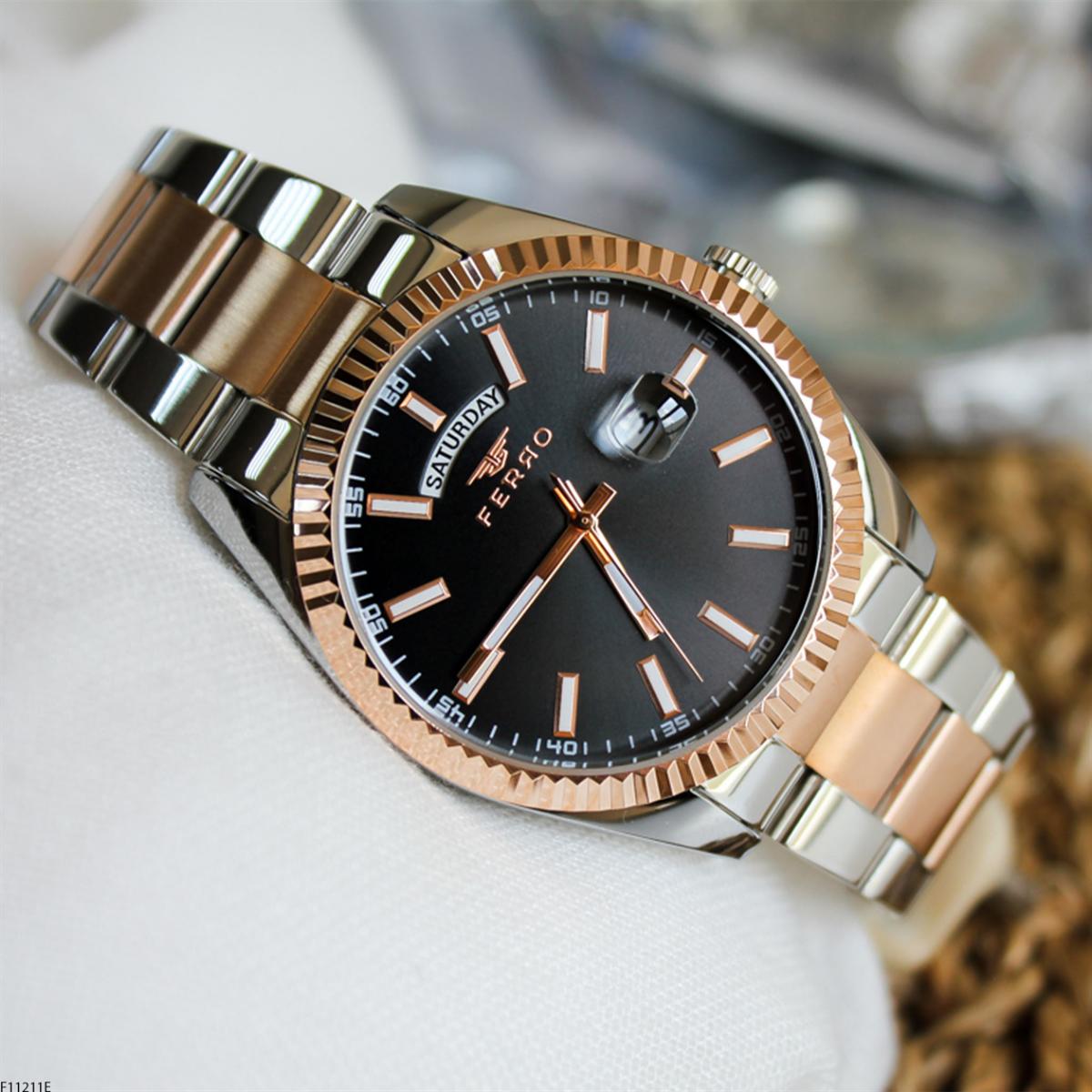 Ferro F11211E Takvimli 41 mm Gri-Rose Gold Metal Kordon Analog Erkek Kol Saati