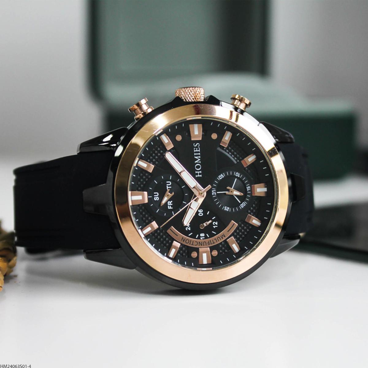 Homies HM24063S01-4 Pusulalı Takvimli Siyah Silikon Kordon Analog Erkek Kol Saati