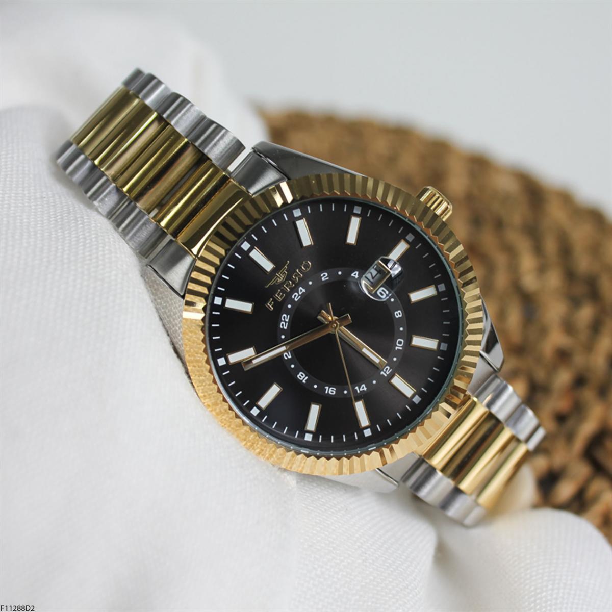 Ferro F11288D2 Takvimli 43 mm Altın-Çelik Kordon Analog Erkek Kol Saati
