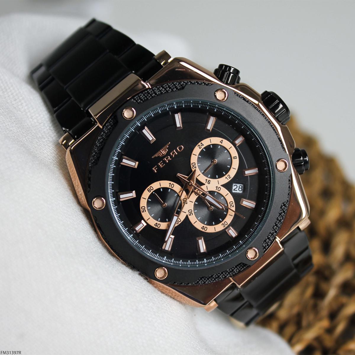 Ferro FM31397R Takvimli 48 mm Siyah Çelik Kordon Analog Erkek Kol Saati