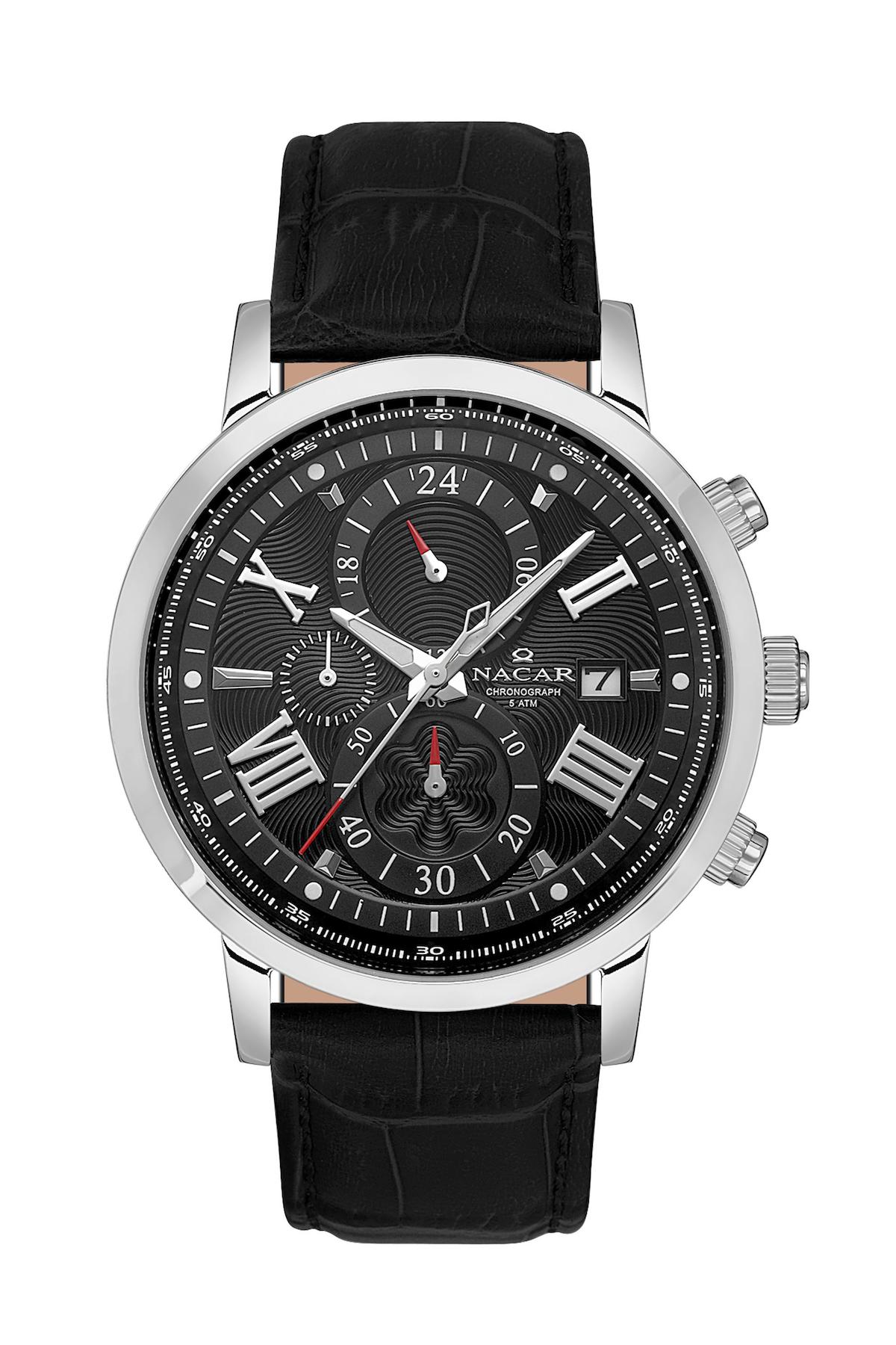 Nacar 3429C709ABL1 Takvimli 44 mm Siyah Çelik Kordon Analog Kol Saati