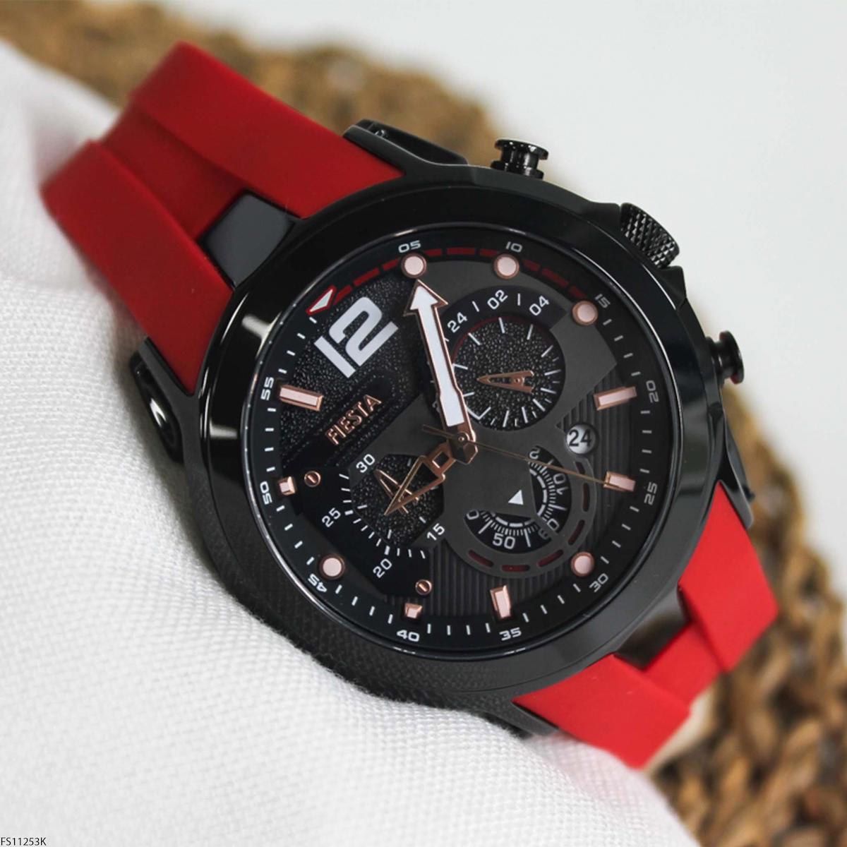 Fiesta FS11253K Takvimli 46-50 mm Kırmızı Silikon Kordon Analog Erkek Kol Saati