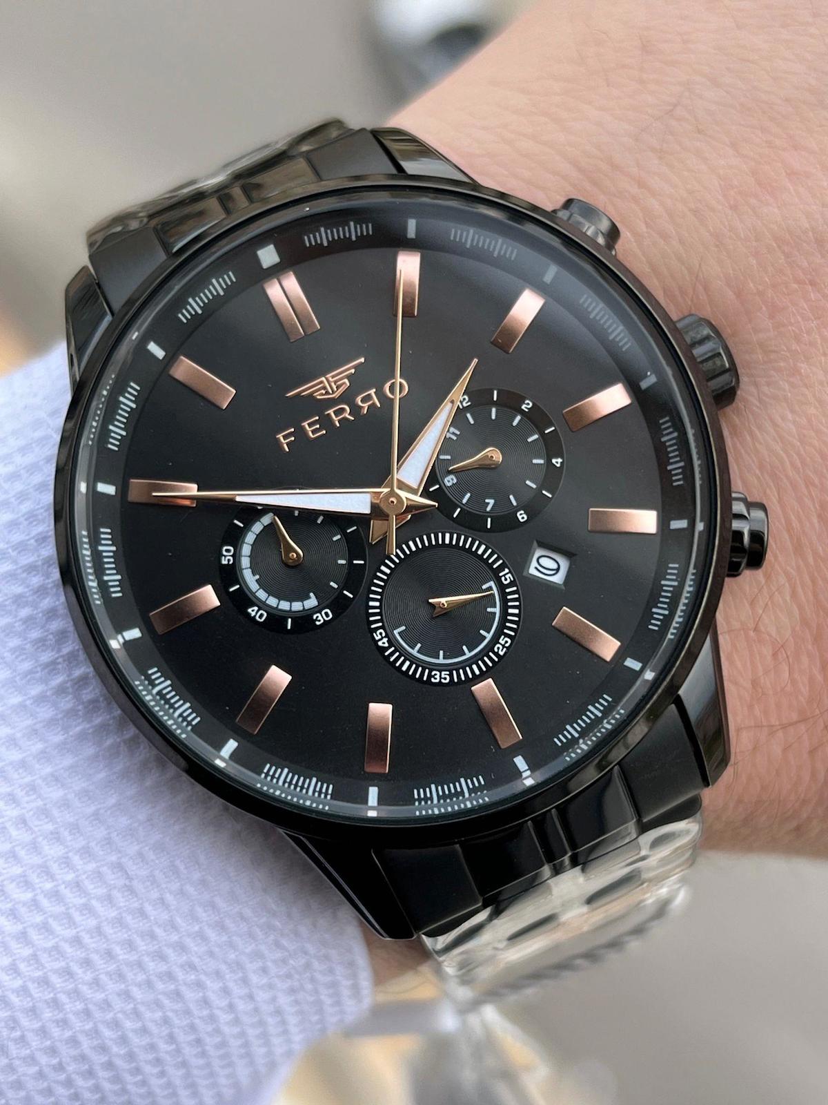 Ferro XF0023 Su Geçirmez Takvimli 44 mm Siyah Çelik Kordon Analog Erkek Kol Saati