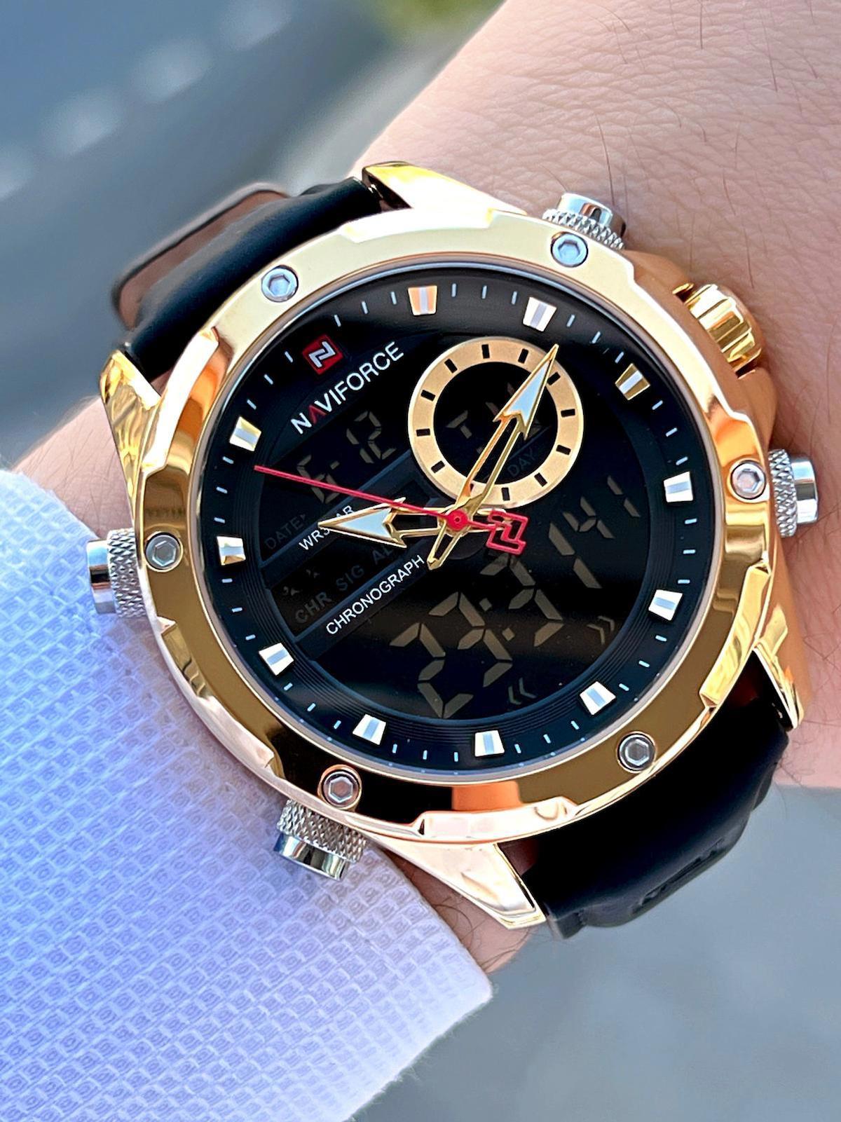 Naviforce ENF9208S Takvimli Siyah Deri Kordon Analog Erkek Kol Saati