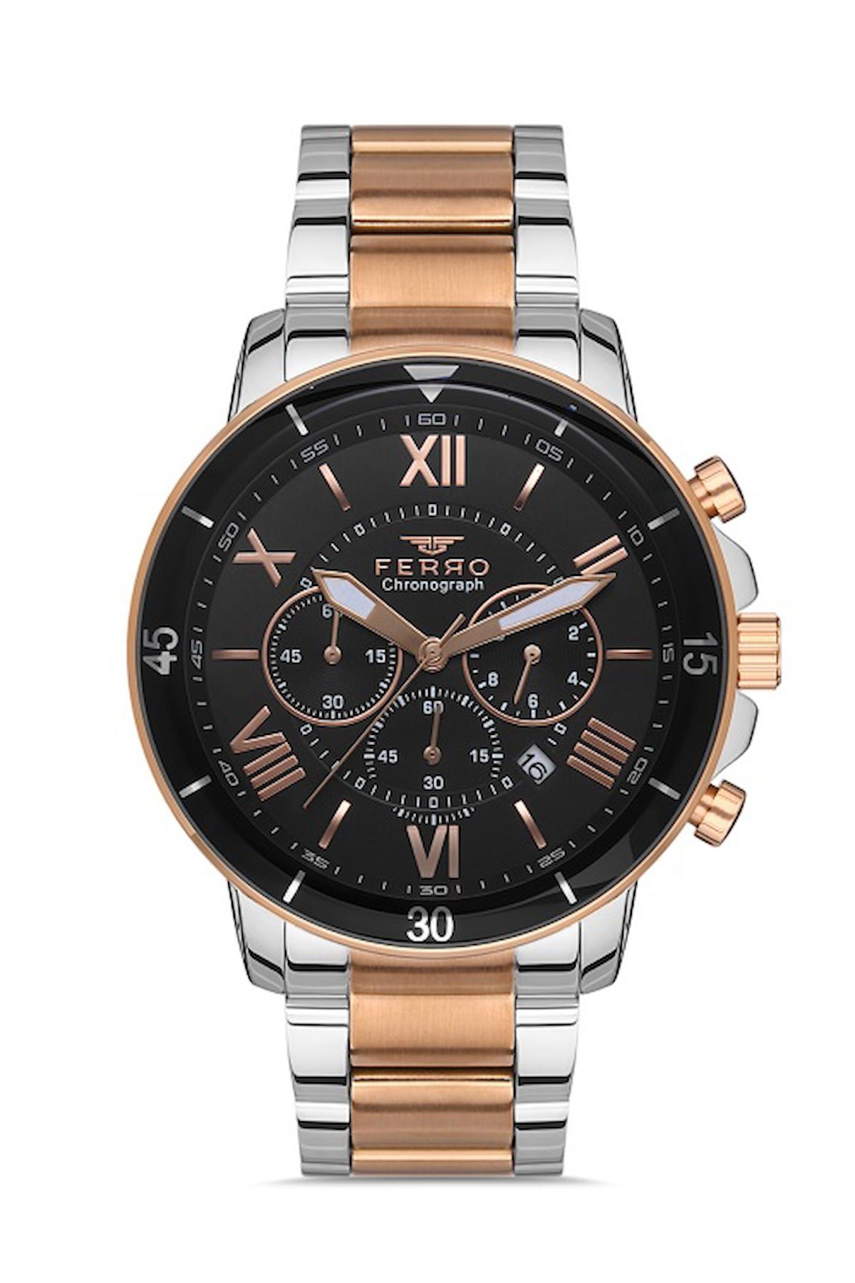 Ferro FM31243A-E2 Takvimli 45 mm Gri-Rose Gold Metal Kordon Analog Erkek Kol Saati