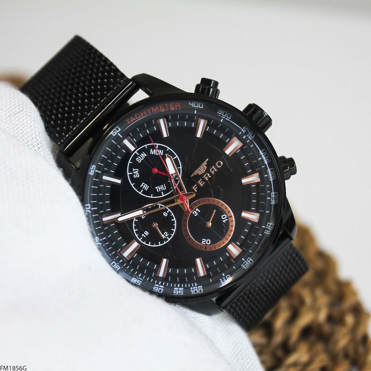 Ferro FM1856G Takvimli 45 mm Siyah Çelik Kordon Analog Erkek Kol Saati